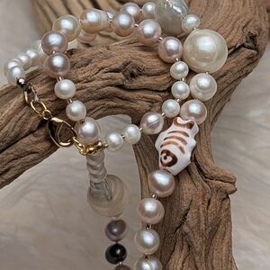 Hand Made Cultivated Pearls Beaded Necklace with Ceramic Fish